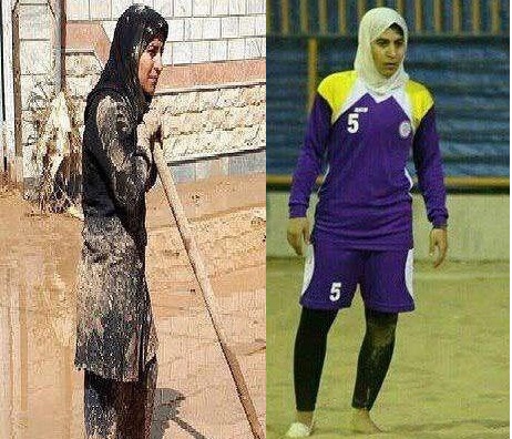 سهیلا لرستانی بهترین بازیکن فوتبال ساحلی بانوان ایران در حال کمک به سیل‌زدگان پلدختر